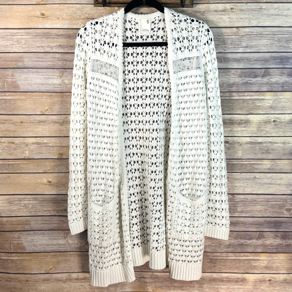 Far Away From Close Cream Open Front Crochet Knit Cottagecore Cardigan Small